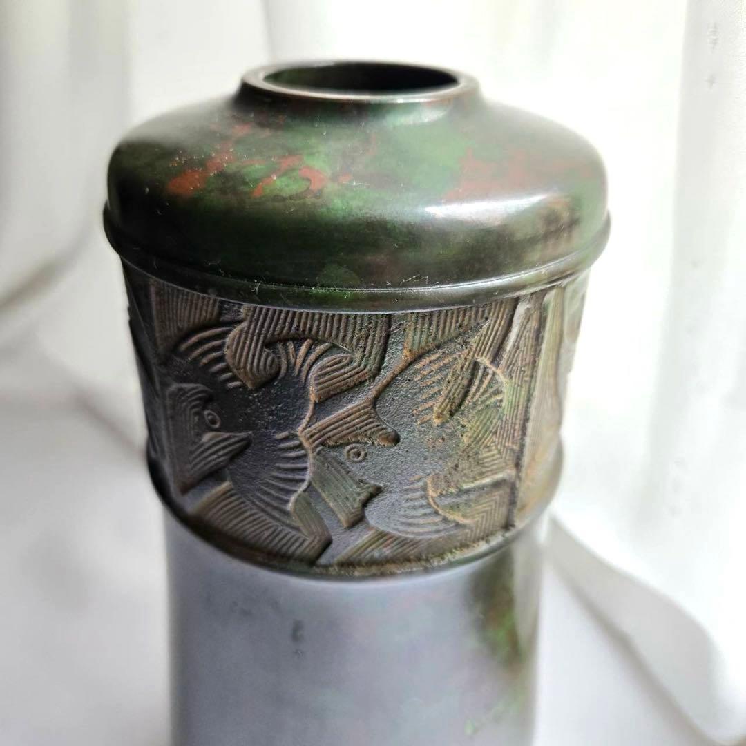 青銅製　和雲　花瓶　花びん　鳥