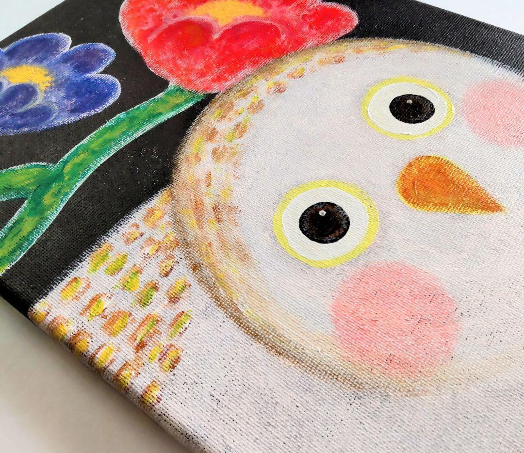 絵画 原画『かもね』キャンバス(F4号) 真作 一点物 ふくろう 花 幸せ