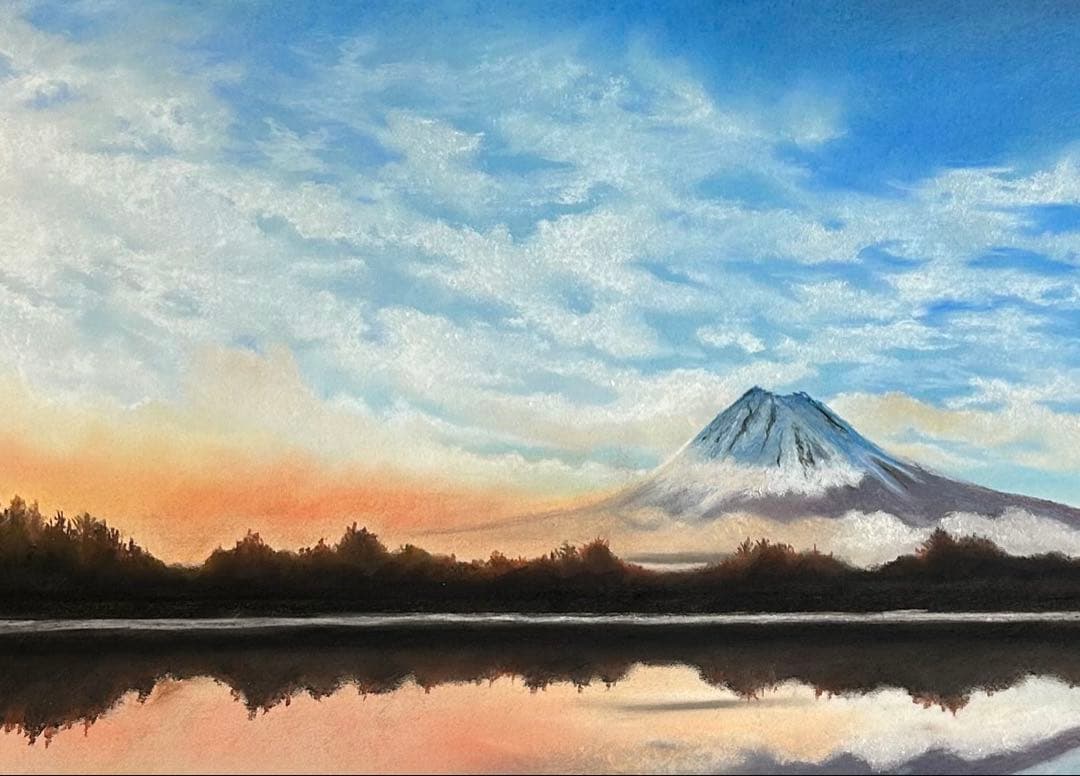 逆さ富士の風景 パステル画 原画