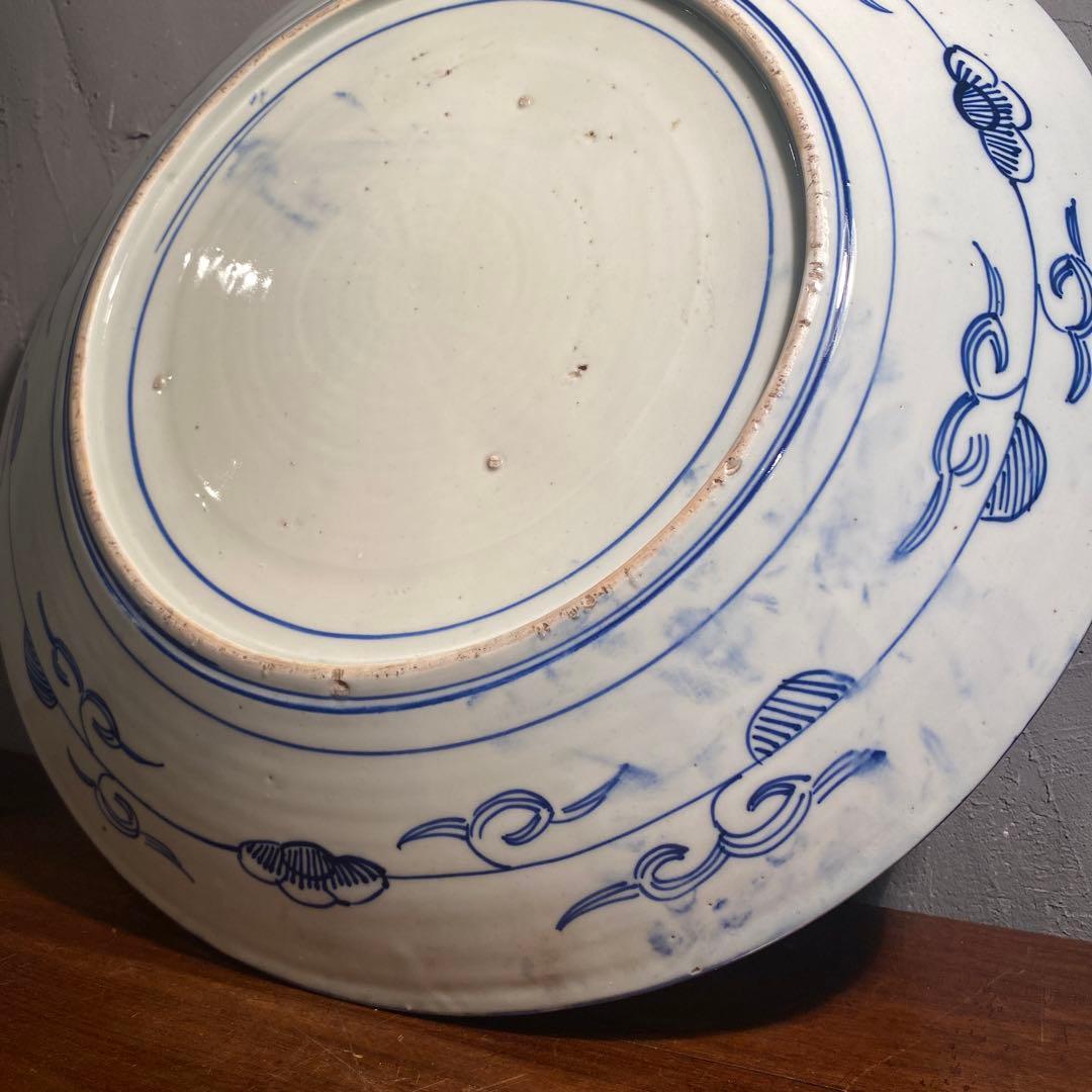 骨董品 古伊万里 40.5cm染付大皿 ベロ藍 山水画 花鳥文 江戸後期