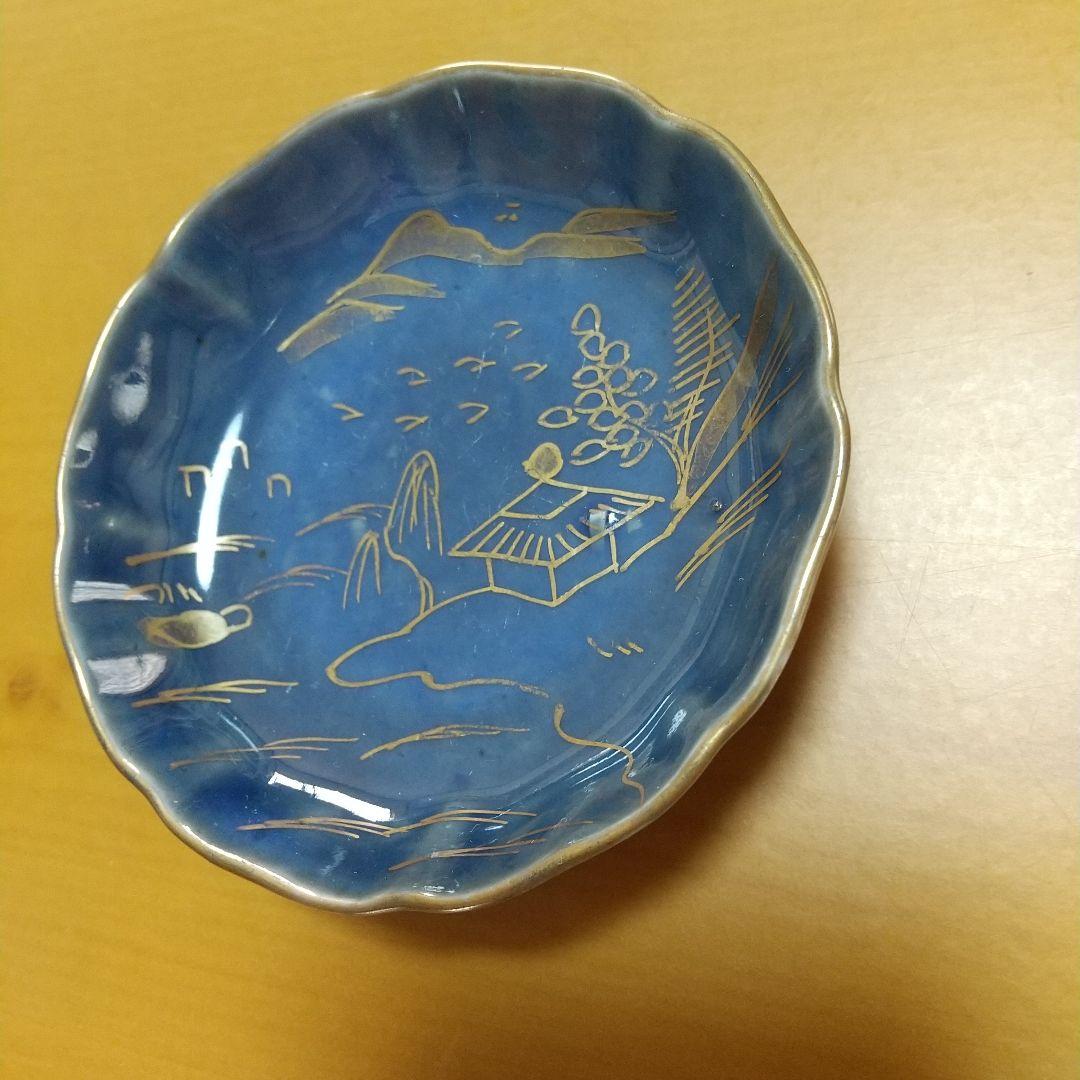 古伊万里 瑠璃釉金彩 山水画紋様 豆皿 4 客