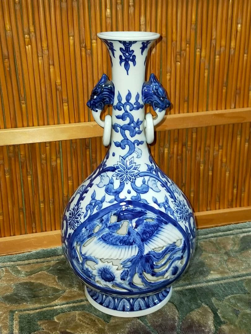 ♥値下げ！♥中国　染付　双耳　花瓶　大明成化年製　龍　鳳凰　骨董　古玩