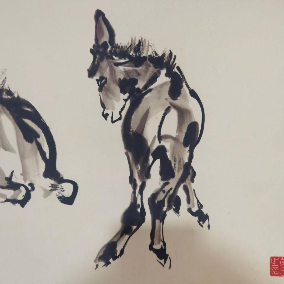 中国画 黄胄「群驴図」手巻き 掛軸 竜文表装 約338×30cm