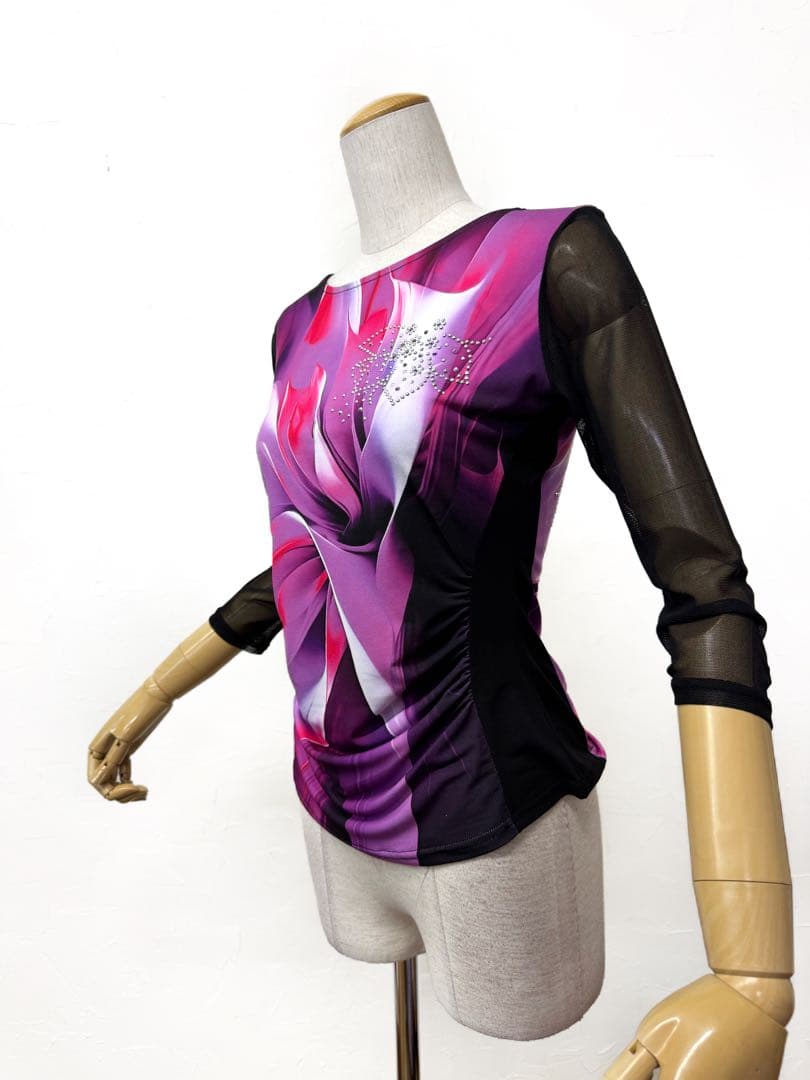 【上級ラインストーン】新品　社交ダンス　黒　ピンクプリントカットソーr300