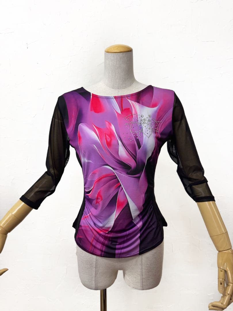 【上級ラインストーン】新品　社交ダンス　黒　ピンクプリントカットソーr300