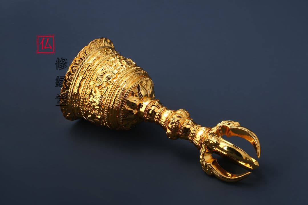 【修縁堂】密教法具古美術品 鬼面五鈷蓮金剛鈴 チベット密教 高さ18.5cm