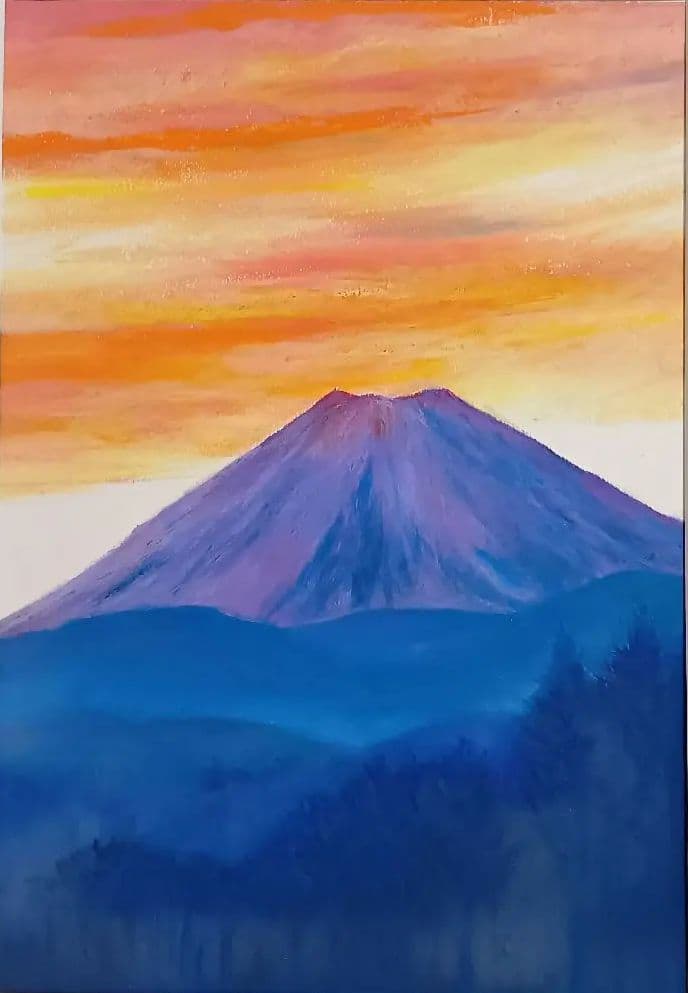 富士山　オイルパステル原画　A4サイズ 額無し　開運