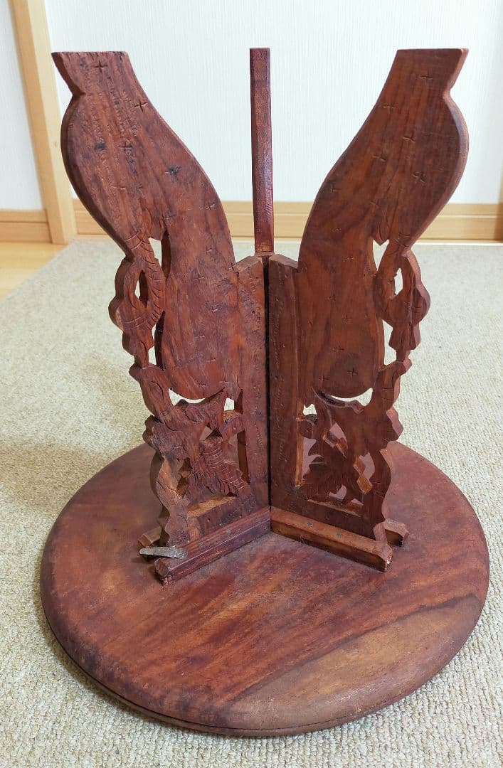 セール✨天然木　精細彫刻　折り畳みサイドテーブル　花台飾り台　台座　未使用保管品