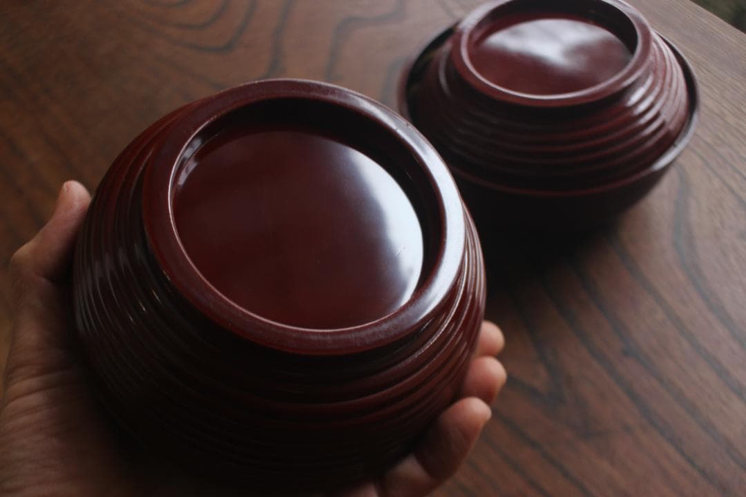 デッドストック！深みある糸目紅溜塗に極上稲穂福来雀蒔絵のお椀2点（検輪島塗雑煮椀