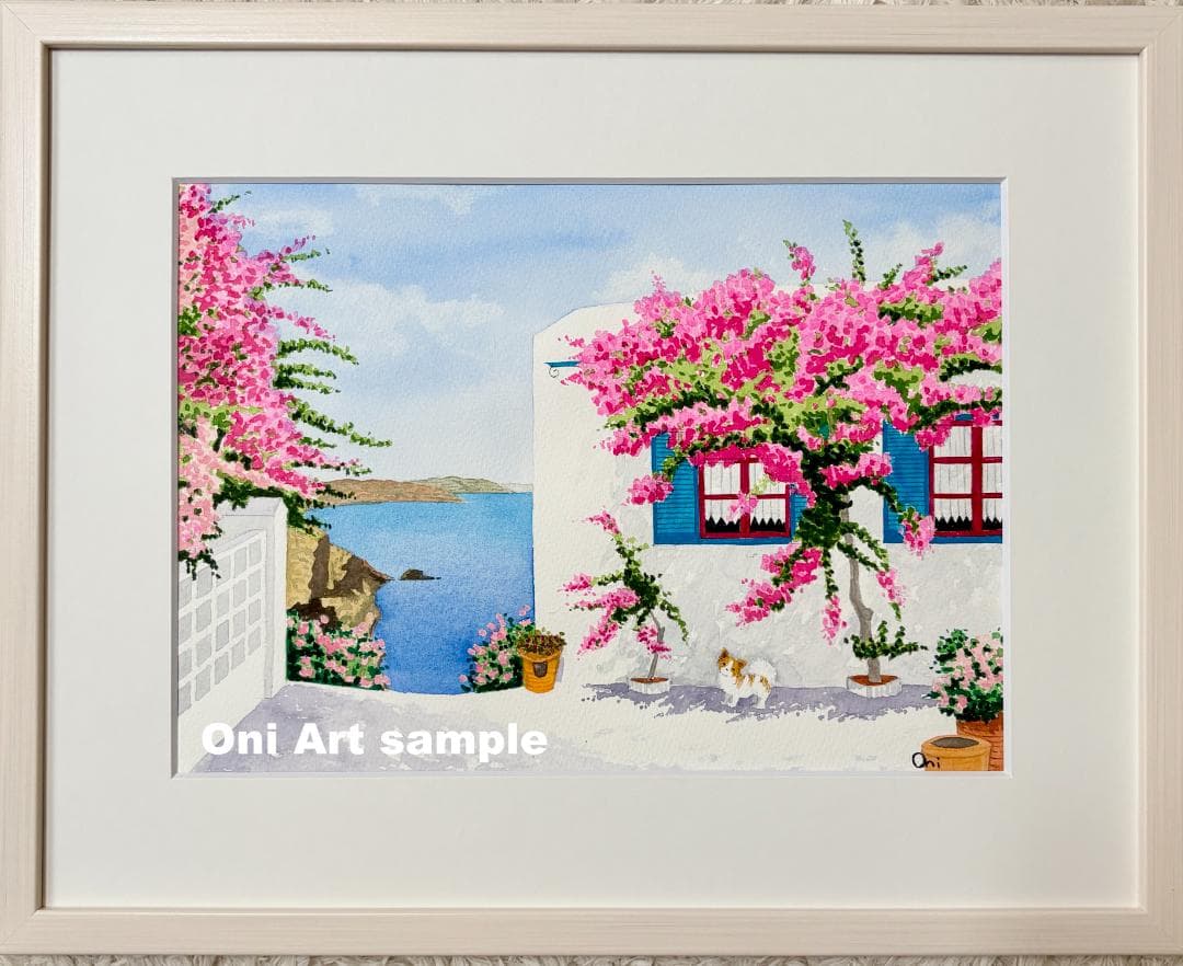 透明水彩画　原画　「エーゲ海とブーゲンビリア01」額縁付き　F4サイズ　風景画