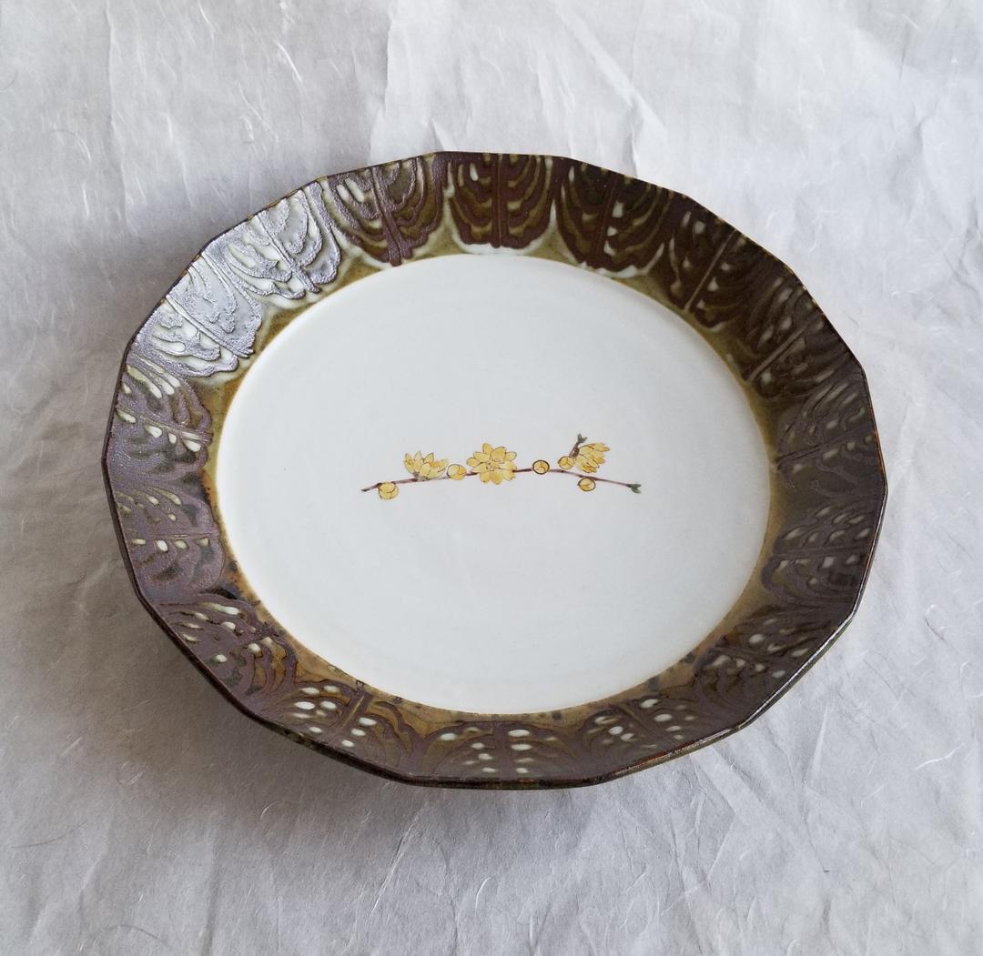 豊福誠 作 色絵磁器レンギョウ文皿 (未使用 新品同様)