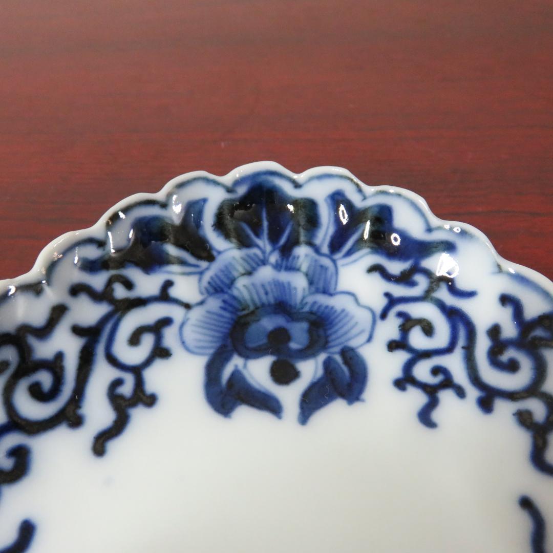 長丸皿 5枚 染付 花弁 唐草 明治 大正 ケンケン