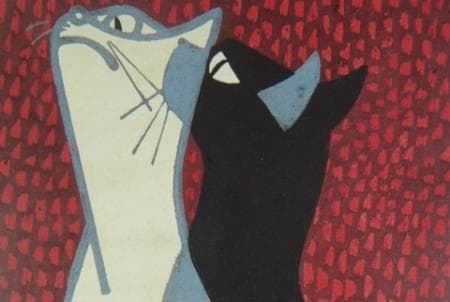 斎藤清、「凝視（二匹の猫）」、希少な画集の額装画