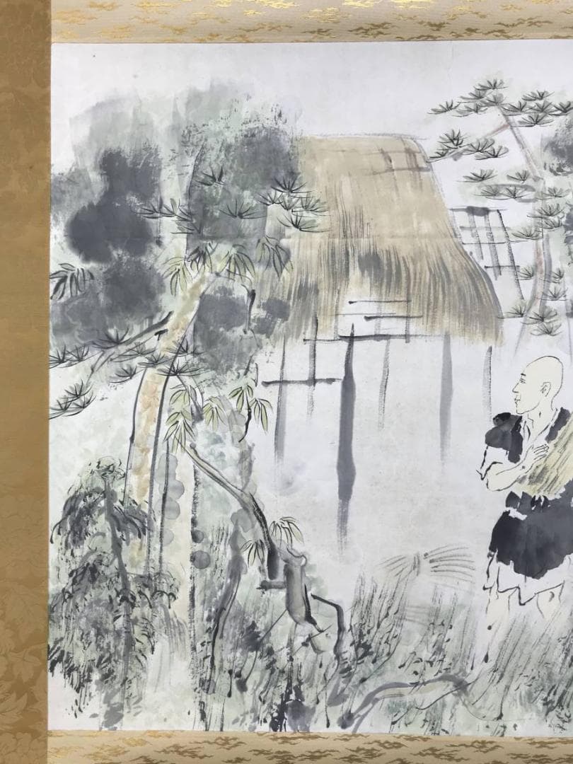 真作/福岡青嵐/田家人物図/山水図/横物/掛軸/名家伝来AE-392