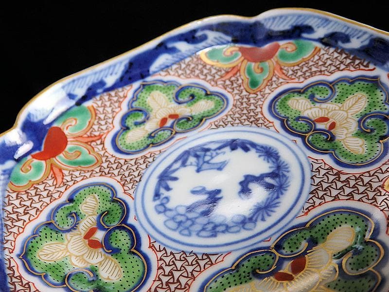 大聖寺伊万里　金襴手　毘沙門亀甲紋に松竹梅　四方角皿３枚　C775AS-fbbj