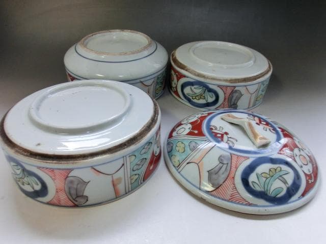 鉢■三段重鉢 赤絵 窓菖蒲 唐草紋 陶器 お重 古美術 時代物 骨董品■