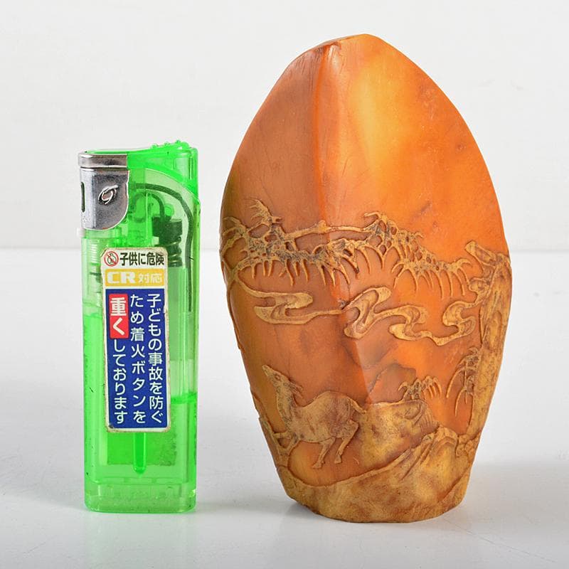 中国　玉石彫刻　山水鹿刻　置物　C　R5817