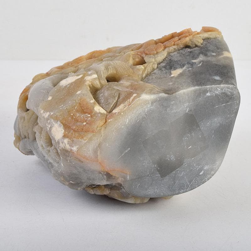 中国　玉石寿山石彫刻　鶴松刻　置物　唐木台付　V　R9120