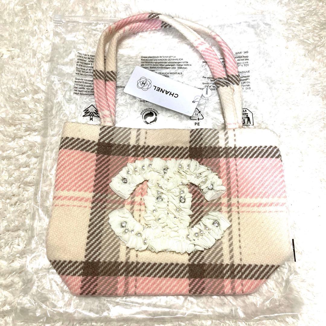 CHANEL チェック柄トートバッグ　シフォン　ピンク