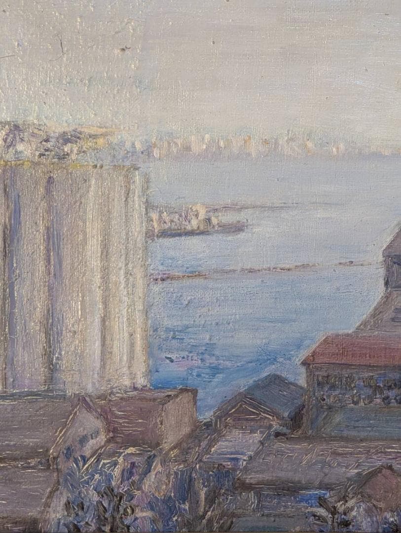 【真作】絵画　油彩4号　湾岸に佇む倉庫群　静謐な海辺の風景画　X144