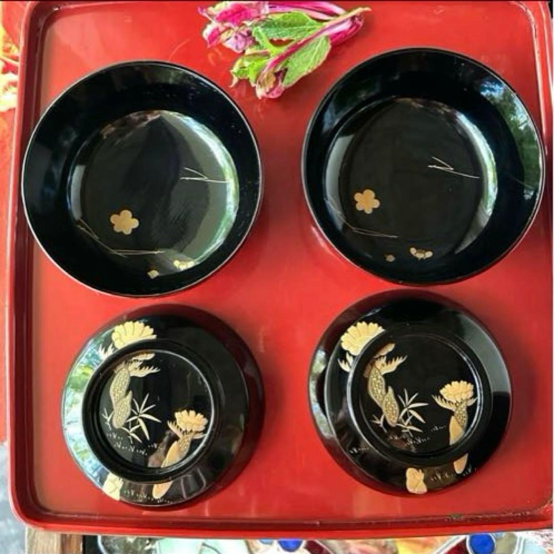 感謝お嫁入り‼️明治39JAPAN蒔絵　福寿草&梅と松葉真塗り上黒椀　吸物椀5客