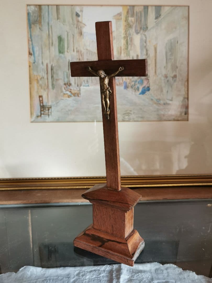 アンティークフランス/ベルギー ブロンズのキリストと十字架 杢目木製祭壇スタンド