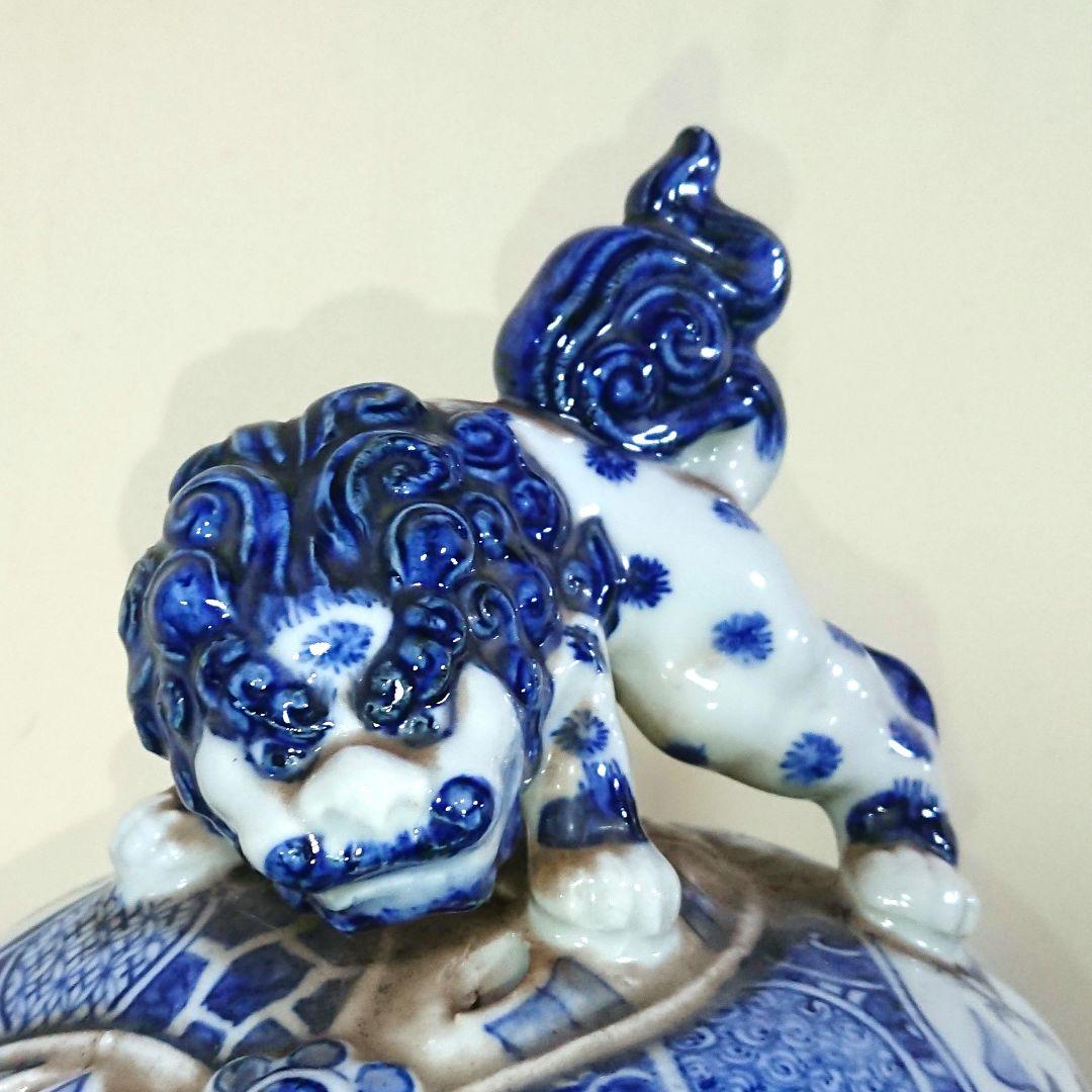 稀少 在銘 陶器製 中国 五良大甫呉祥瑞造 染付 獅子 香炉 高さ20.5cm