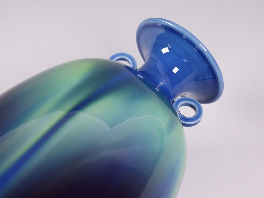 【MA935】人間国宝 三代・徳田八十吉 碧明釉 耳付 壷 花瓶 共箱 陶芸