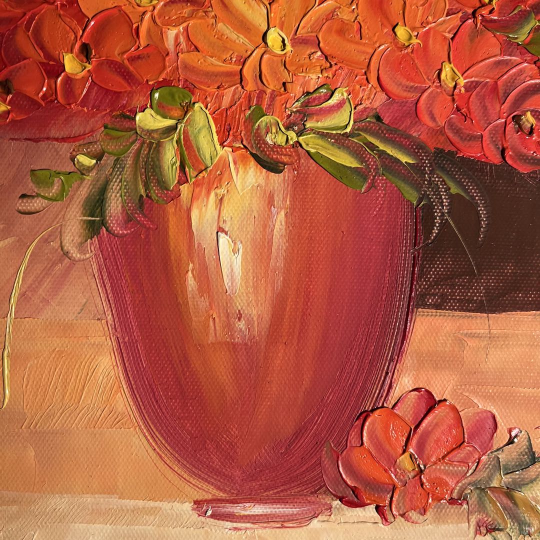 手書き油絵 花瓶の花 額付 絵画 インテリア 油彩画