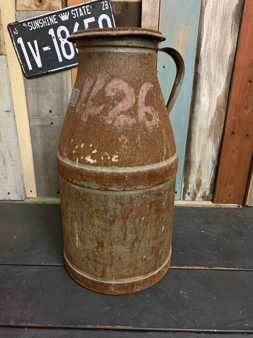 アンティーク ミルク缶 蓋付き　ジャンクガーデンサビ錆