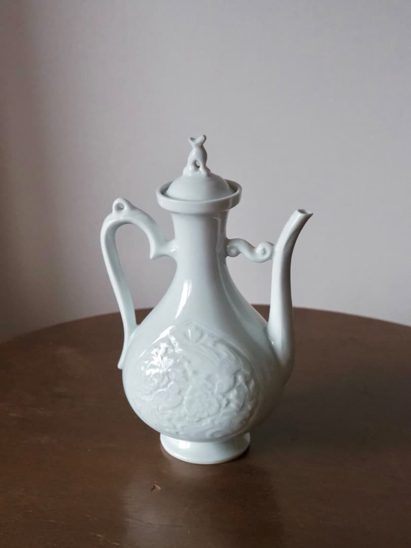 平安石亭　松本石亭　白磁彫花　仙盞瓶　水注　茶道具　現代工芸Q2351