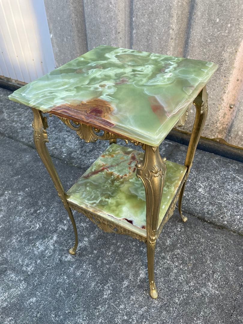 イタリア製/飾り棚/花台/大理石/グリーンオニキス/ロココ調/猫脚/2段