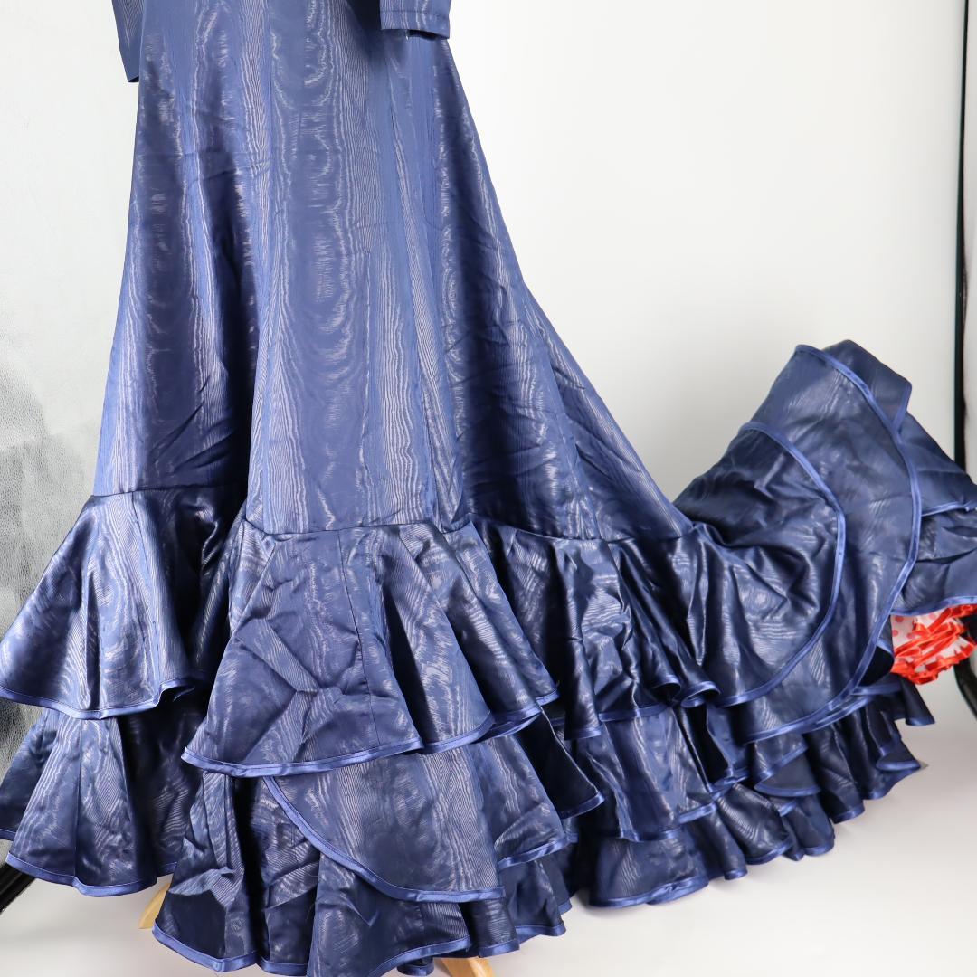 【美品 フラメンコ衣装】光沢ネイビー×柄 ブラウス バタデコーラ ファルダ