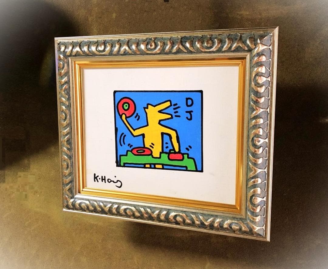 【 キース・へリング『ＤＪ』】　肉筆油彩　キャンバスF3　額装