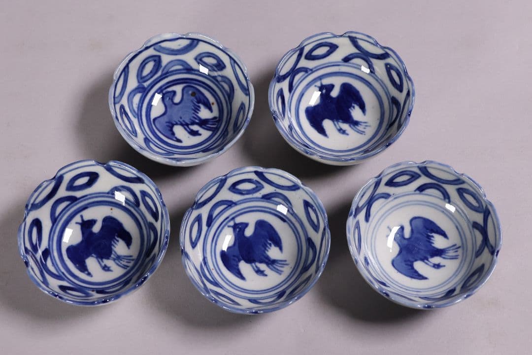 中国 若深珍蔵 染付 煎茶椀 五客 山水 鳥図 茶器 陶磁器【MA580】