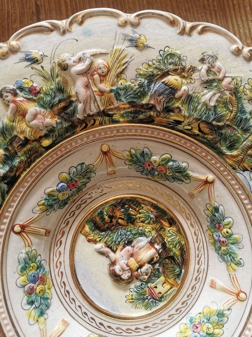 アンティーク カポディモンテ ラージデコレーションプレート 深大皿 子供達の収穫