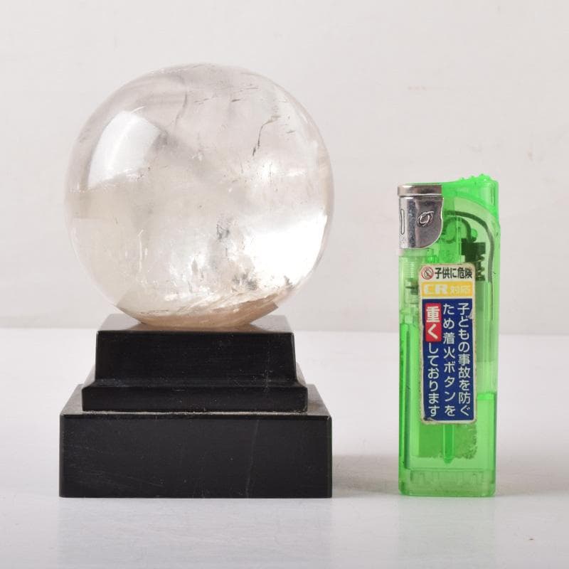 天然石　寒水石　飾玉　直径約7cm　置物　大理石台・時代箱付　C　7459