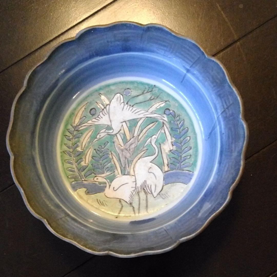 瑠璃薬鷺三羽図深皿