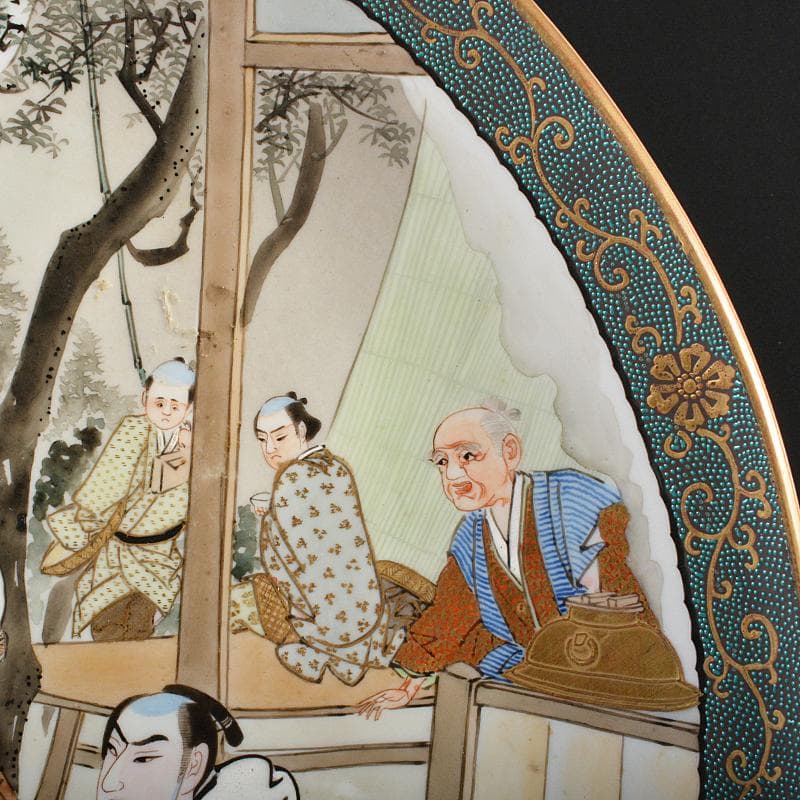 九谷焼　古九谷　青粒色絵金彩　山水人物文　大皿　直径約40cm　M　R6148B