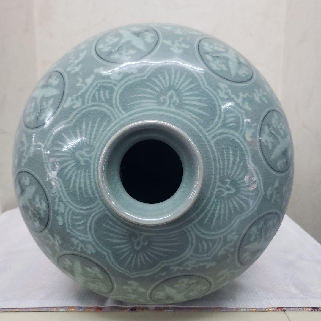 Ｂフライデー蔵出し特価　青磁 鶴模様 陶器 花瓶　作家物海剛作桐箱あり48cm