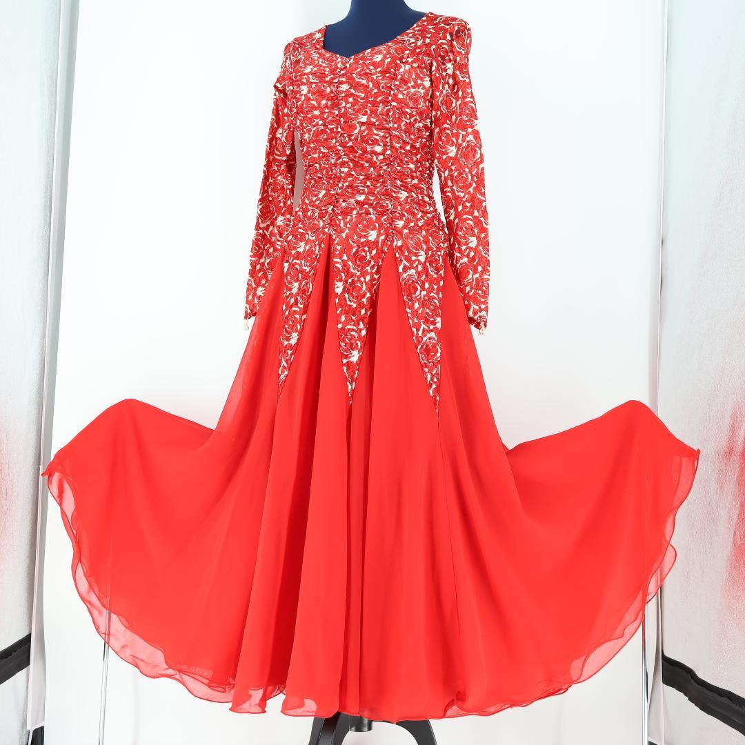 【美品 社交ダンス衣装】レッド×アイボリー Leirenaレイリーナ ワンピース
