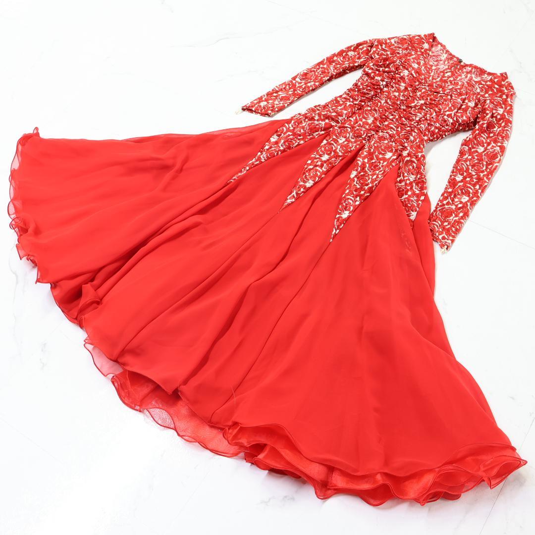 【美品 社交ダンス衣装】レッド×アイボリー Leirenaレイリーナ ワンピース
