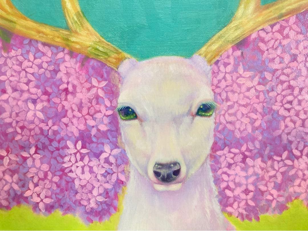 春うらら　新人画家　大塚麻世 白鹿　桜　油彩 絵画 動物　油絵　鹿　動物絵