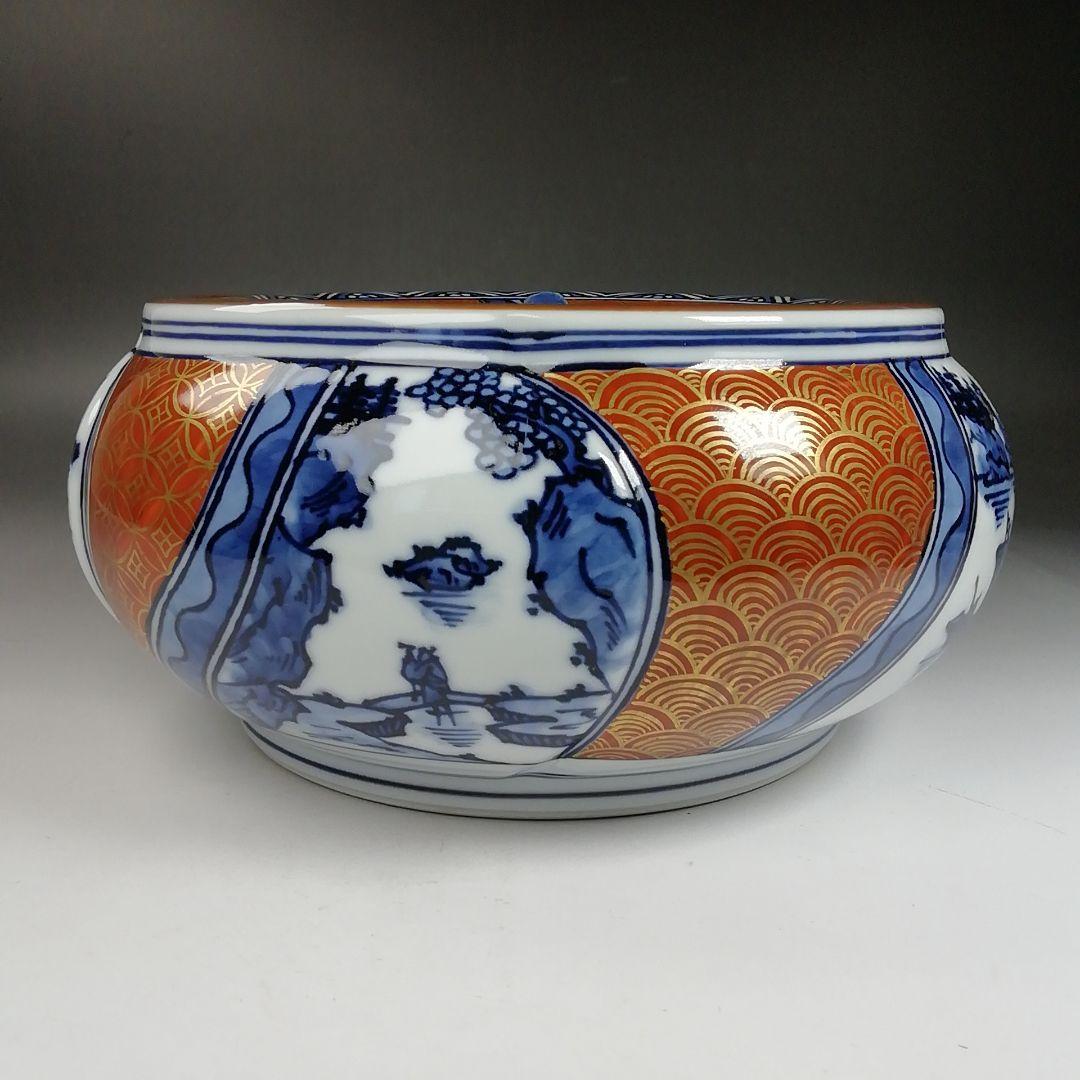 Ｗ１１６　水指　『染付　金襴手捻梅』『平安　景雲 造』『塗替蓋付』　共箱　茶道具