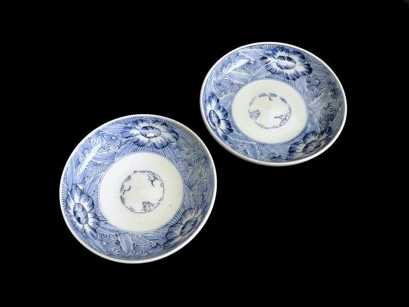 古伊万里　染付　線描き　草花紋の図　３寸半　手塩皿　２枚　E770AS-fbre
