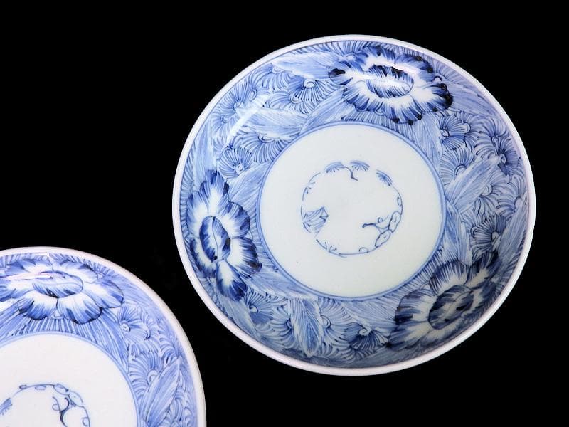 古伊万里　染付　線描き　草花紋の図　３寸半　手塩皿　２枚　E770AS-fbre