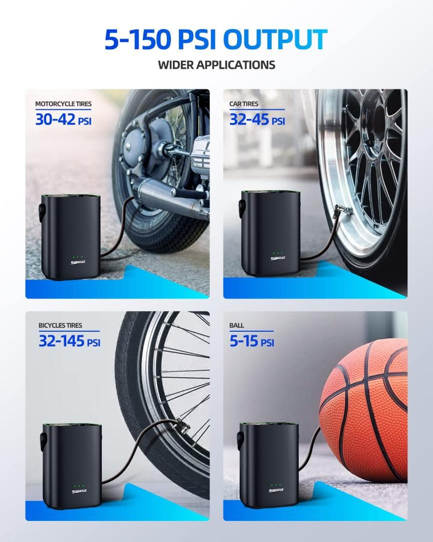 充電式 最大150PSI エアコンプレッサー 4500mAh 電動エアポンプ