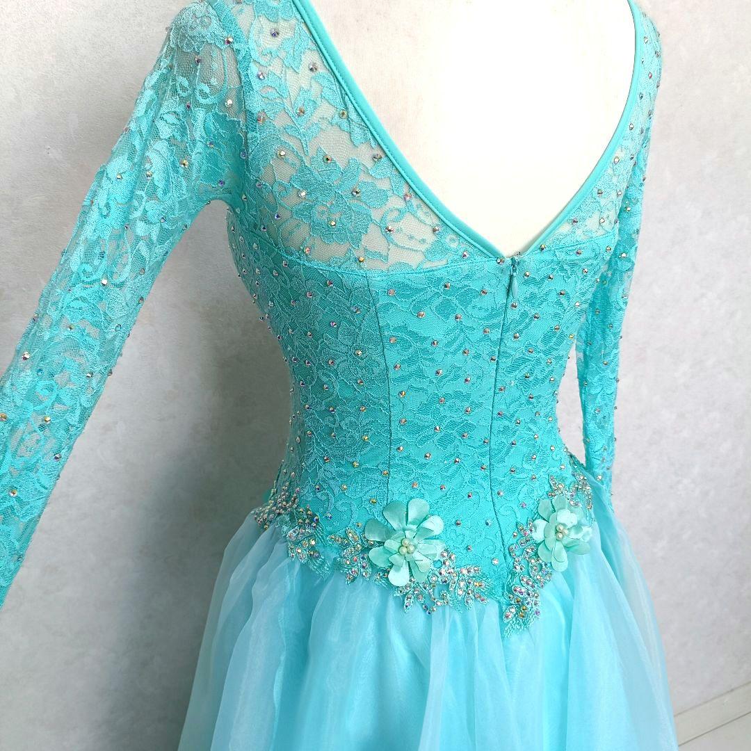 中国製 社交ダンス衣装 エメラルドグリーン レース ビジュー M インナー付