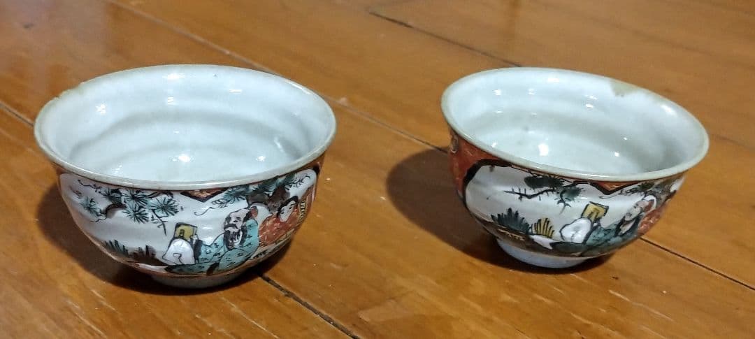 九谷焼 赤絵 金彩 人物 花絵 茶器セット 7点 明治時代物