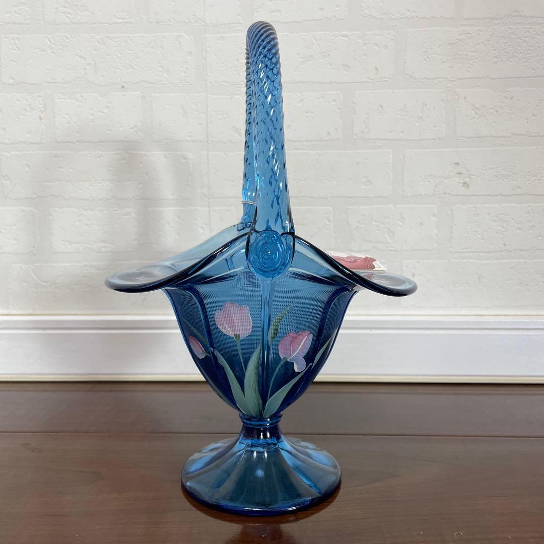 フェントン　ハンドペイント　ブルー チューリップ ガラス バスケット